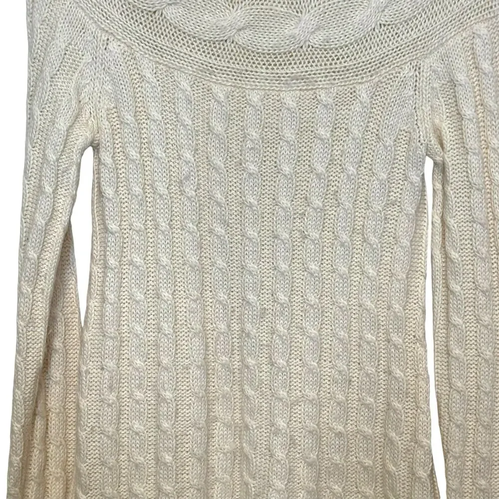 Garnet Hill Alpaca Blend Cream Mock Neck Cable Knit Pullover Sweater